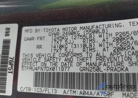 2013 Toyota Tacoma Base V6 z USA, uszkodzony, nr VIN 5TFMU4FN7DX011977